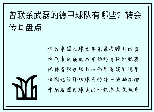 曾联系武磊的德甲球队有哪些？转会传闻盘点
